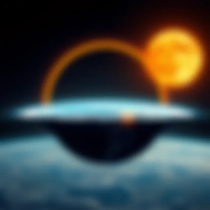 Illustration of a flat Earth with a sun and moon above it, depicting solar eclipses and melting polar ice areas.