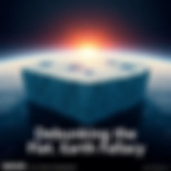 A visual representation of a supposed ice wall surrounding a flat Earth, showing a flat surface with ice formations and ocean on the sides, contrasting with the curved view of the Earth.