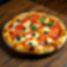 A delicious level flat pizza topped with pepperoni, vegetables, and cheese, served on a wooden board.