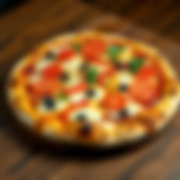 A delicious level flat pizza topped with pepperoni, vegetables, and cheese, served on a wooden board.