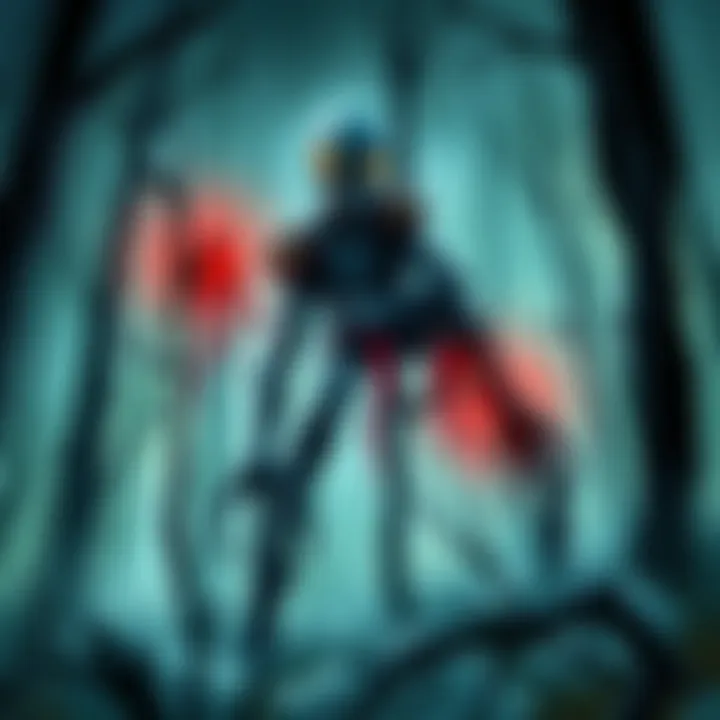 A watercolored illustration of the Flatwoods Monster in a dark, eerie forest with ink details.