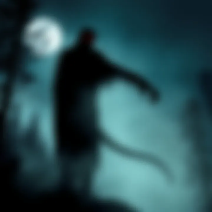 A dark silhouette of the Flatwoods Monster against a moonlit sky, surrounded by mist and trees, symbolizing mystery and folklore.