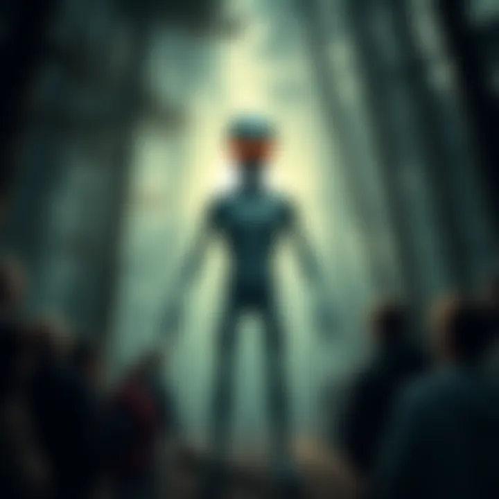 Flatwoods Monster Sighting A depiction of the Flatwoods Monster standing in a wooded area with bright eyes and a metallic body, surrounded by curious witnesses looking on in awe.