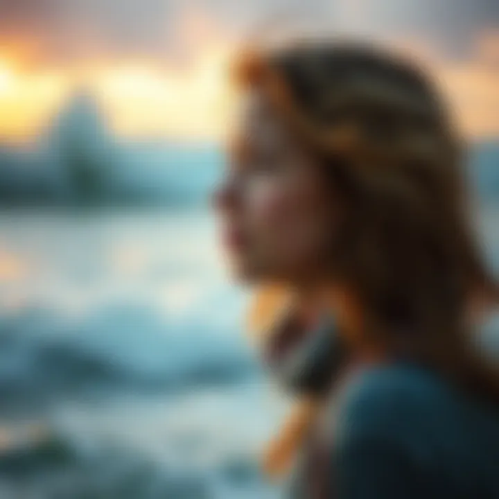 A person standing by the ocean, looking thoughtful as waves crash around them, representing fleeting feelings.