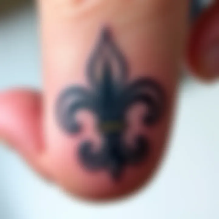 A close-up of a thumb featuring a fleur-de-lis tattoo, showing its intricate design.