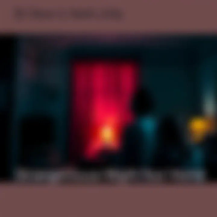 A dimly lit room with flickering lights and shadows, creating an eerie atmosphere with a couple looking surprised in the foreground.