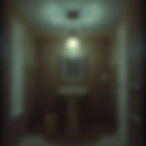 A dimly lit bathroom with a flickering overhead light, creating a somber mood as someone calls out for their mother.