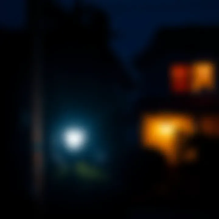 A streetlight flickering in front of a house, casting an unusual glow in the darkness.