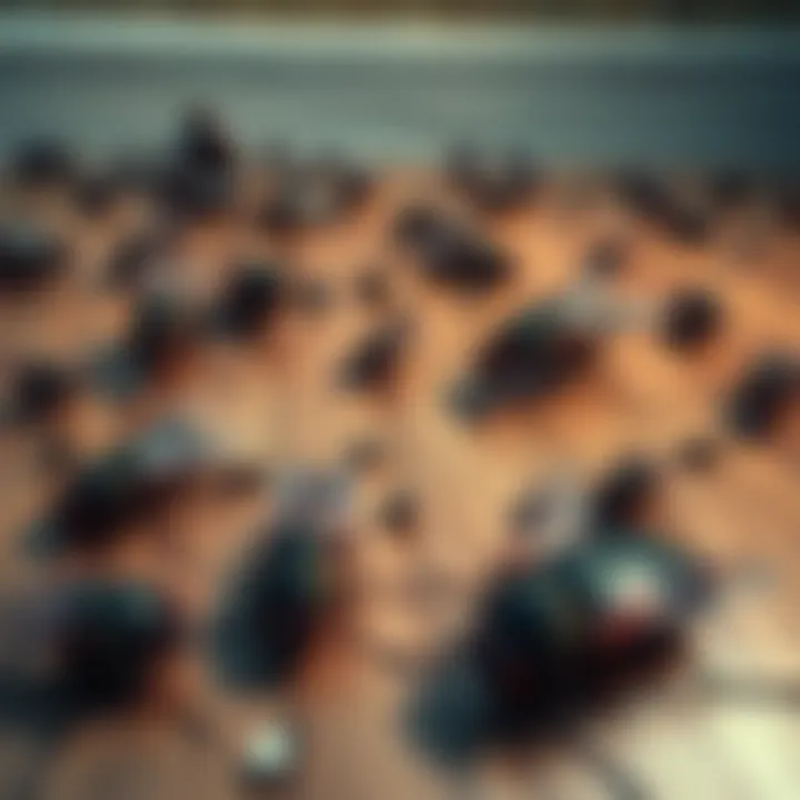 A close-up view of dead flies and a beetle on a wooden floor, highlighting a sense of fear and panic related to insects.
