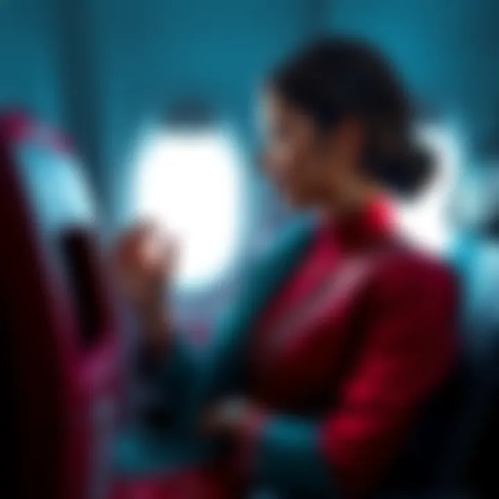 A 33-year-old flight attendant in traditional attire holds a ring, contemplating marriage while looking out of an airplane window.