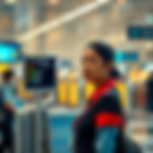 A flight attendant stands at the check-in area, looking concerned about the biometric check-in system, with an airport backdrop.