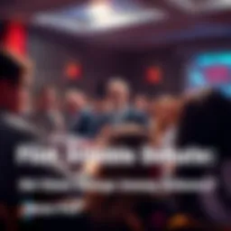 A lively debate scene with Flint Dibble presenting arguments. Supporters and skeptics listen intently, with some taking notes.