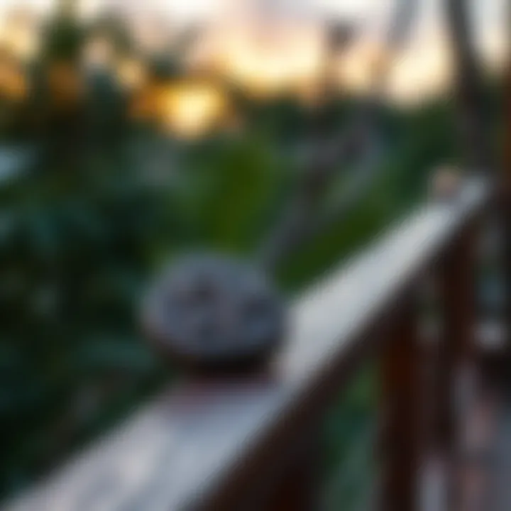 Close-up of a flipped Dagaz rune resting on a wooden balcony railing with greenery in the background