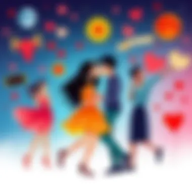 A vibrant illustration showcasing different flirtation styles inspired by Taurus sun and Aries Mars, featuring playful and romantic elements