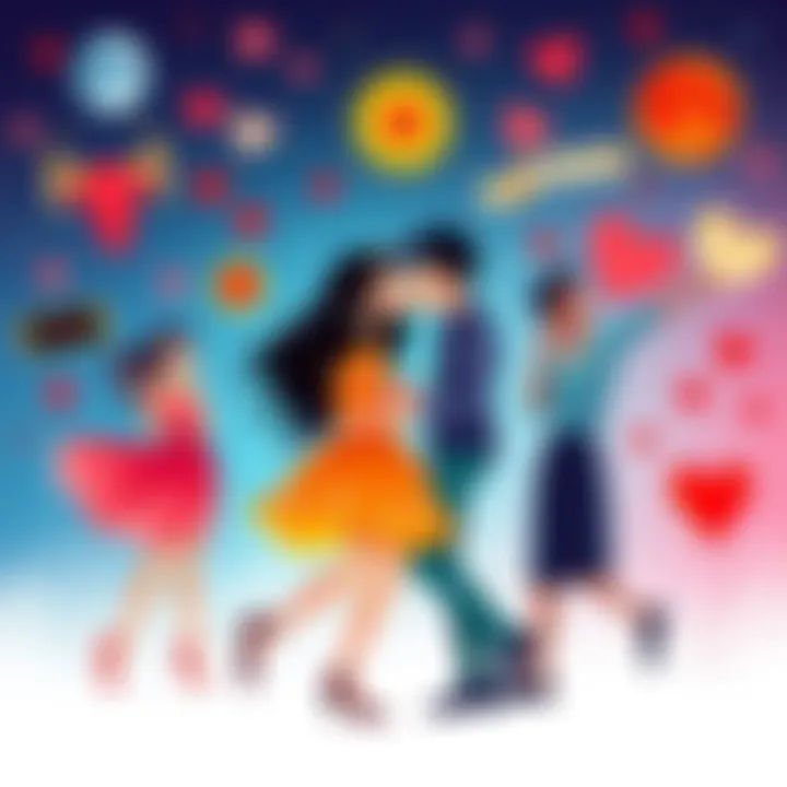 A vibrant illustration showcasing different flirtation styles inspired by Taurus sun and Aries Mars, featuring playful and romantic elements