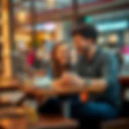 A young couple laughing and playfully teasing each other while sitting at a cafe, showcasing their flirty interaction