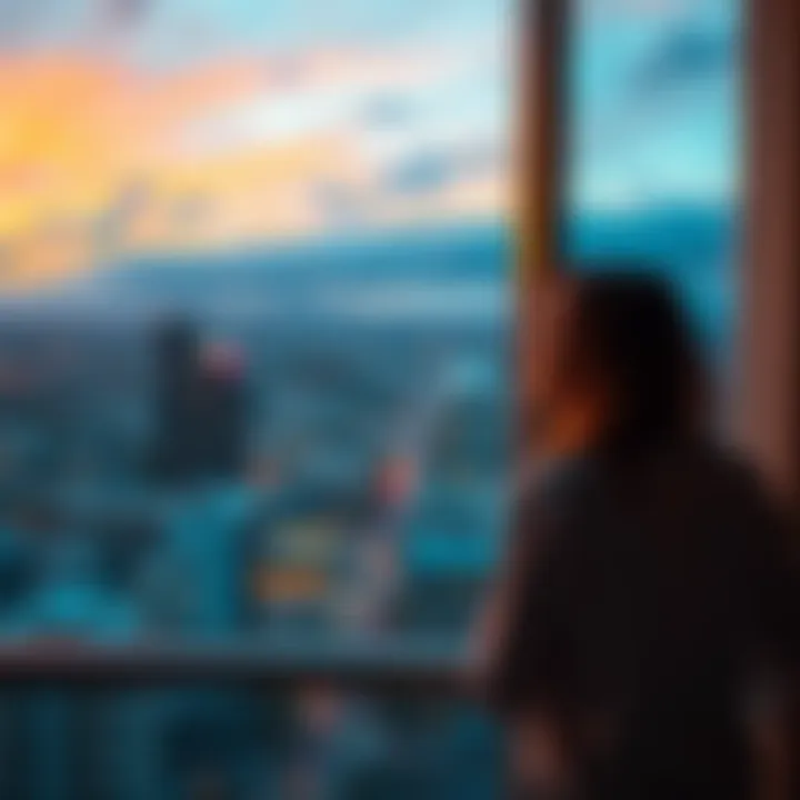 Floating in Austin A person experiencing a floating sensation while looking out over a city from a high-rise apartment window in Austin, with vivid colors of the sunset creating a surreal atmosphere.