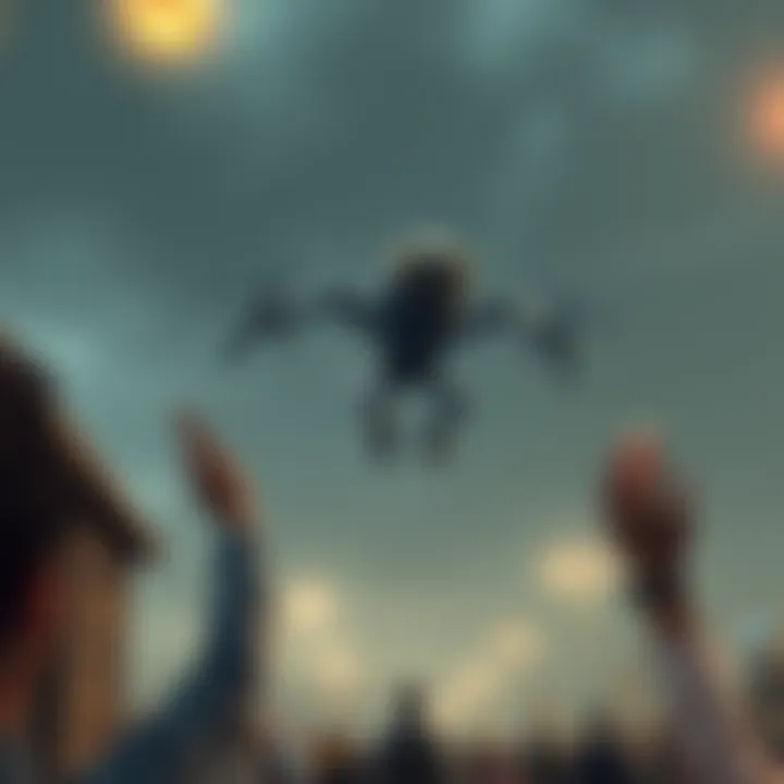 A small monster-like figure floating in the air, capturing the attention of onlookers