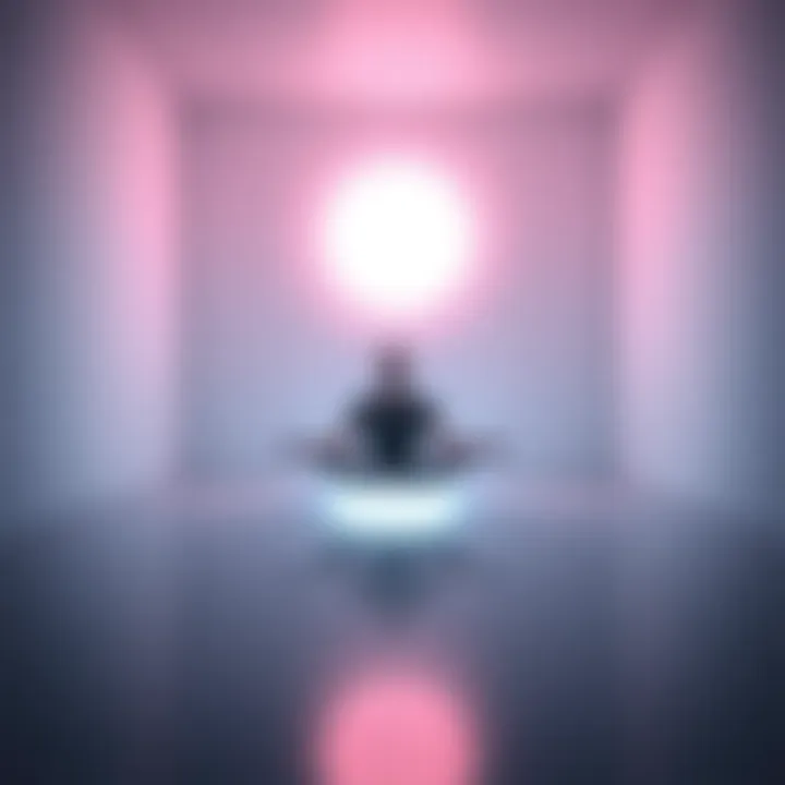 A person sitting cross-legged in a calm room, eyes closed, surrounded by a soft glow representing a meditative experience.