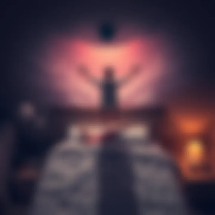 A person floats above their bed, looking down at their sleeping self with a view of their room and unaware parents below.