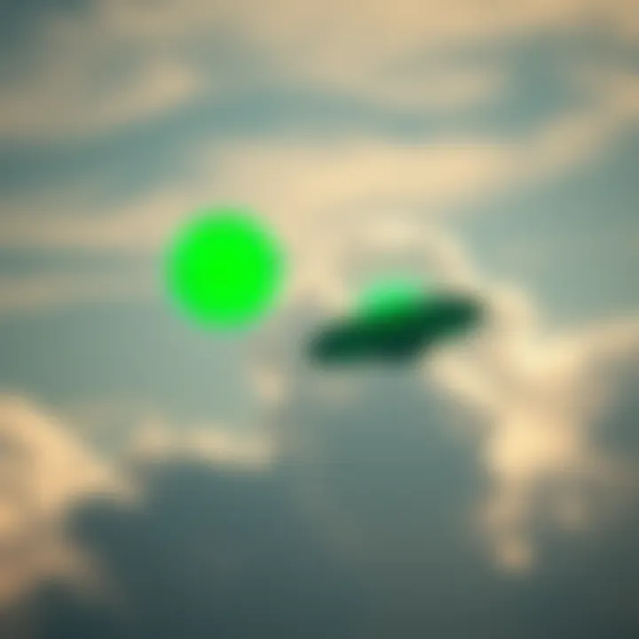 Two Floating Green Orbs in the Sky A photograph shows two green orbs floating in a cloudy sky, resembling UFOs.