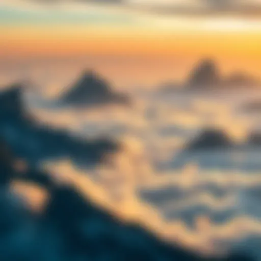 A view of large mountain formations appearing to float above the ground amid clouds