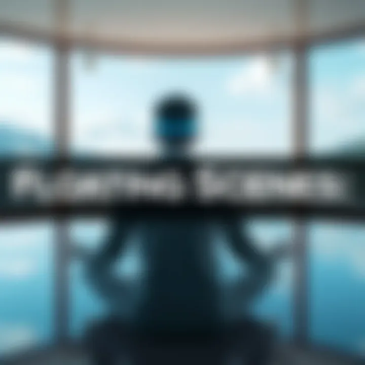 Floating Scenes Experience A person meditating with an eye mask on, surrounded by a serene room and a large window showing a tranquil lake view.