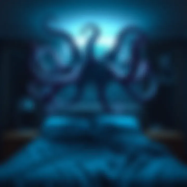 A surreal scene of a ball of tentacles hovering above a bed in a dimly lit bedroom.