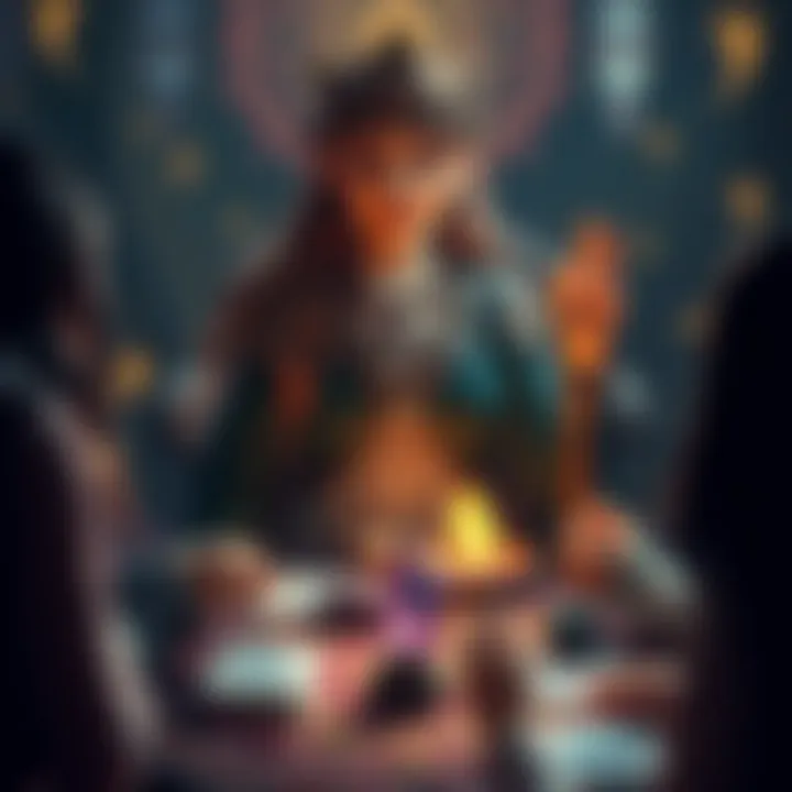 A friendly sappphic tarot reader named Flora, surrounded by tarot cards and crystals, offering readings to people