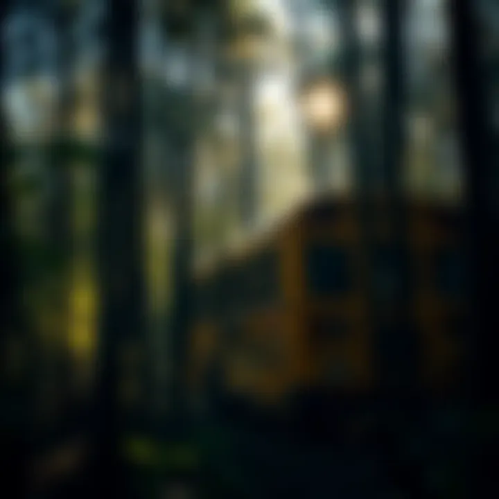 A yellow school bus partially hidden in dense woods with sunlight filtering through the trees