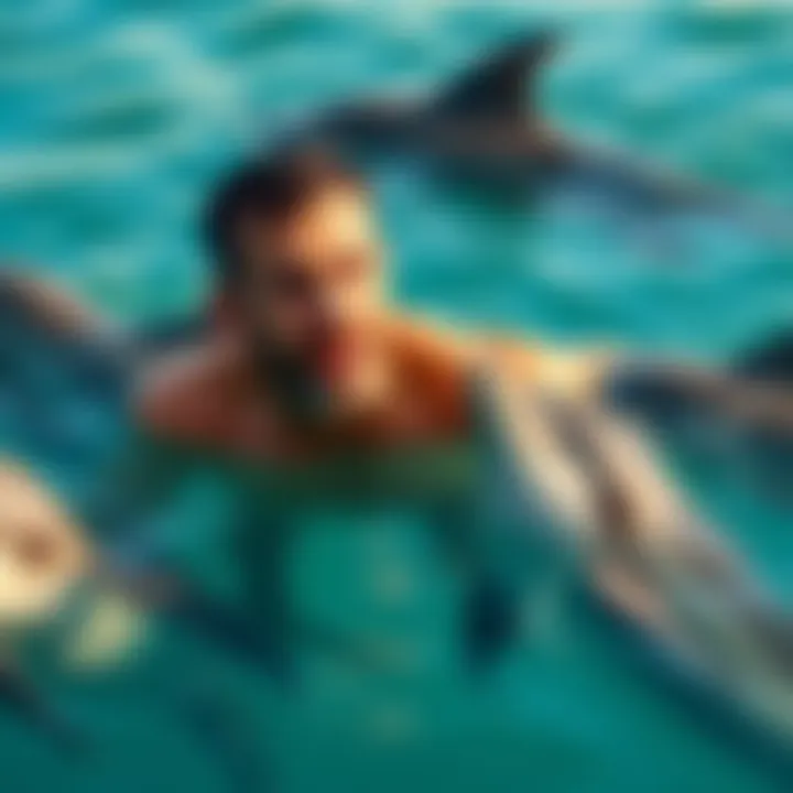 Florida Man with Dolphins A Florida man in shallow water surrounded by dolphins, looking surprised as they swim around him.