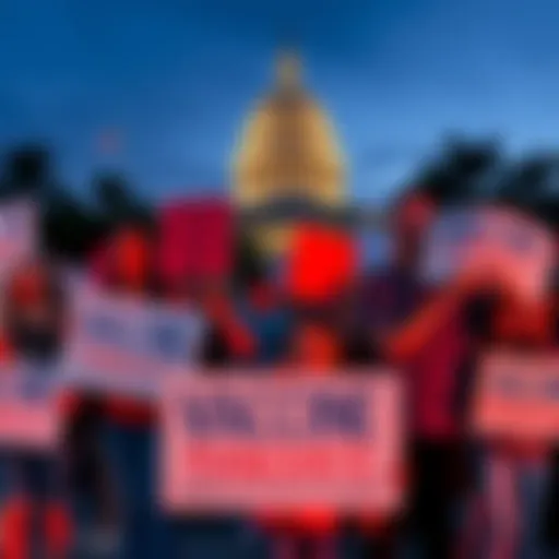 A group of parents holding signs protesting the repeal of vaccine mandates for children in Florida, with a backdrop of the state capitol building.