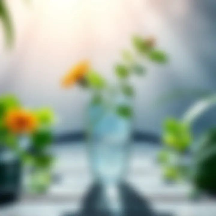 A clear glass filled with Florida water, surrounded by green plants and flowers, representing its cultural and spiritual uses in Florida.