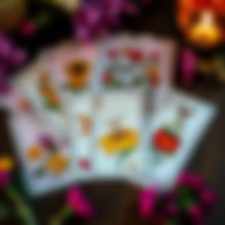A set of floriography cards displayed alongside a traditional tarot deck, with flowers and symbols illustrating their meanings.