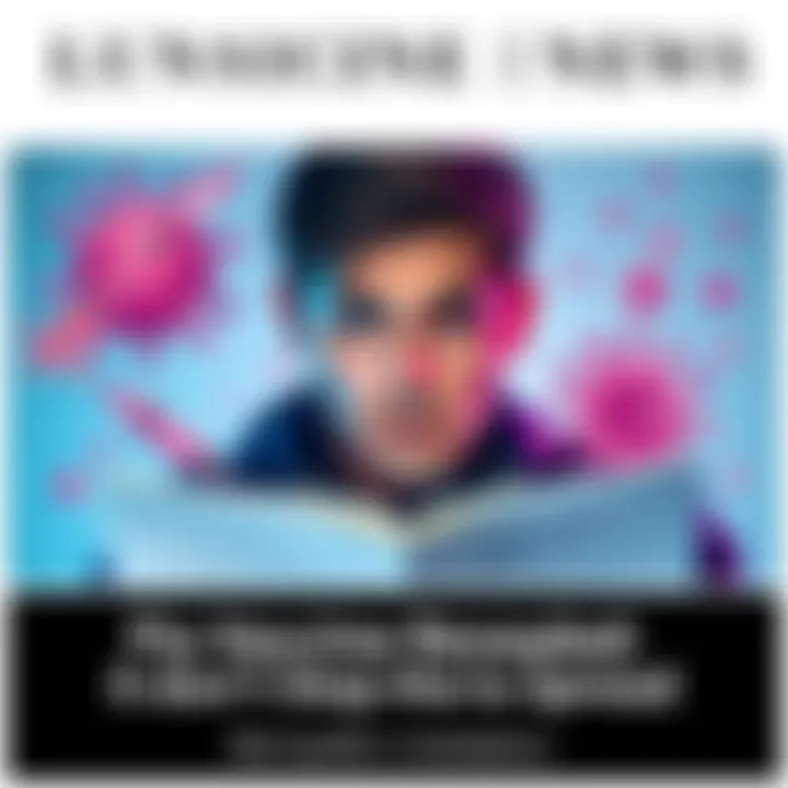 A person looks worried while reading about the flu vaccine's effectiveness, surrounded by flu-related imagery like a syringe and a virus illustration.