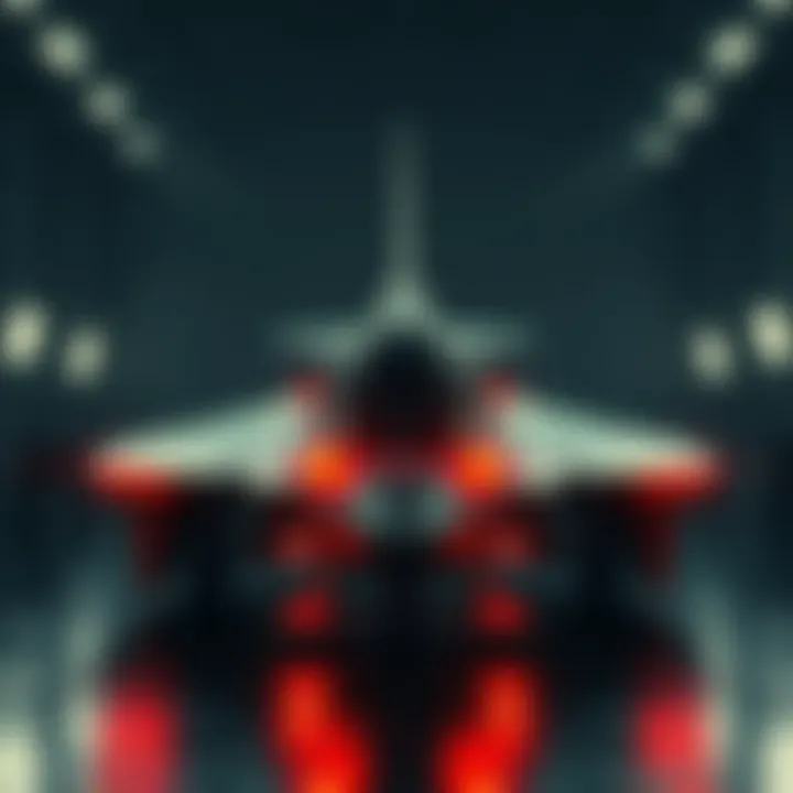 A futuristic military vehicle, resembling a sleek aircraft, displayed in a dimly lit hangar, with military personnel examining it.