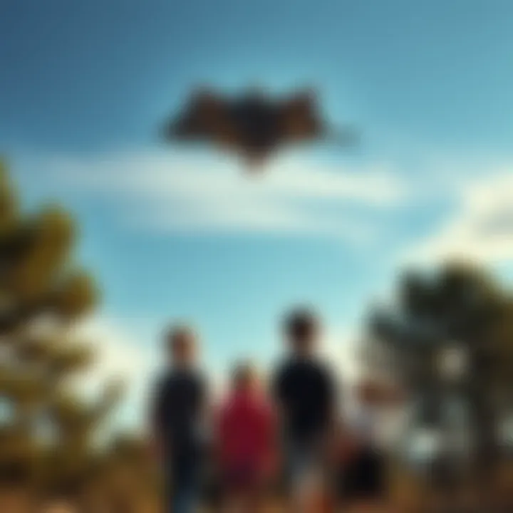 A figure in a gray cape floating above trees in Silver City, with four children looking up in awe.