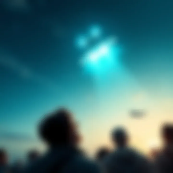 People looking up at a strange flying object in the sky with curiosity