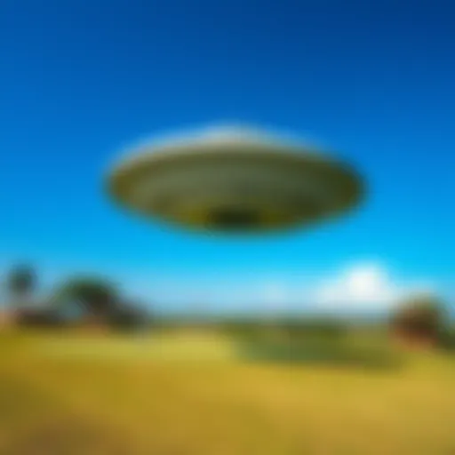 A pearly flying saucer spinning in the sky above golfers on a course in Kenya, surrounded by vibrant greenery and clear blue skies.