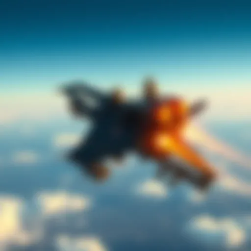 A futuristic flying military vehicle soaring through the sky, carrying troops and equipment.