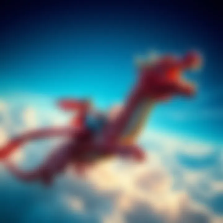 A person joyfully riding a large, colorful dragon in the sky, with clouds around them