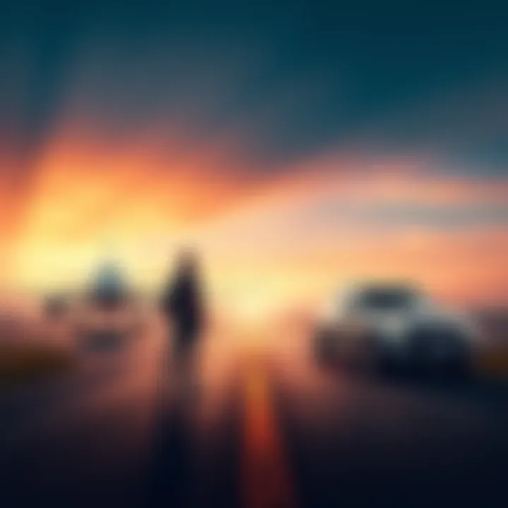 Flying vs Driving Decision A person standing at a crossroads with a plane and a car in the background, contemplating travel options.