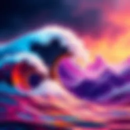 An artist's illustration of the Fnordal Wave phenomenon, showing waves interacting in a colorful, abstract style with vibrant patterns.