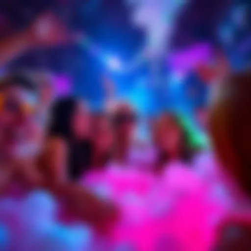 A group of friends enjoying a lively foam party with colorful lights and bubbles.
