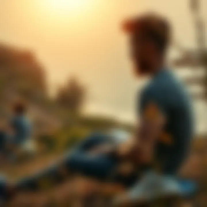 A thoughtful person sitting in nature, reflecting on their life and surroundings, emphasizing self-awareness
