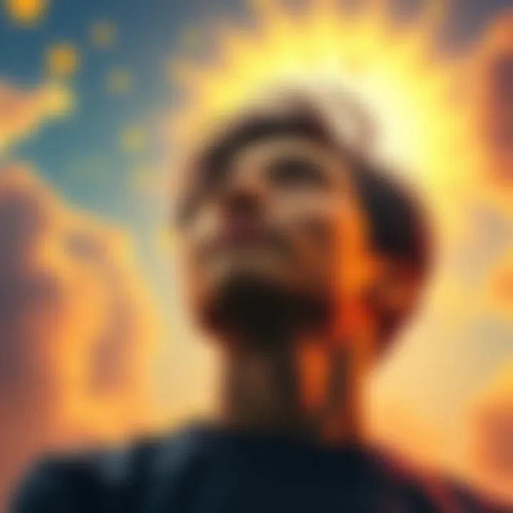 A person looking towards a bright future with a hopeful expression, surrounded by symbols of dreams and aspirations like stars and clouds.