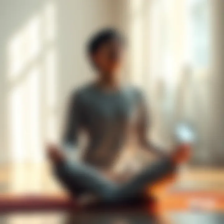 A person sitting cross-legged with eyes closed, practicing visualization techniques in a calm environment, surrounded by soft light.