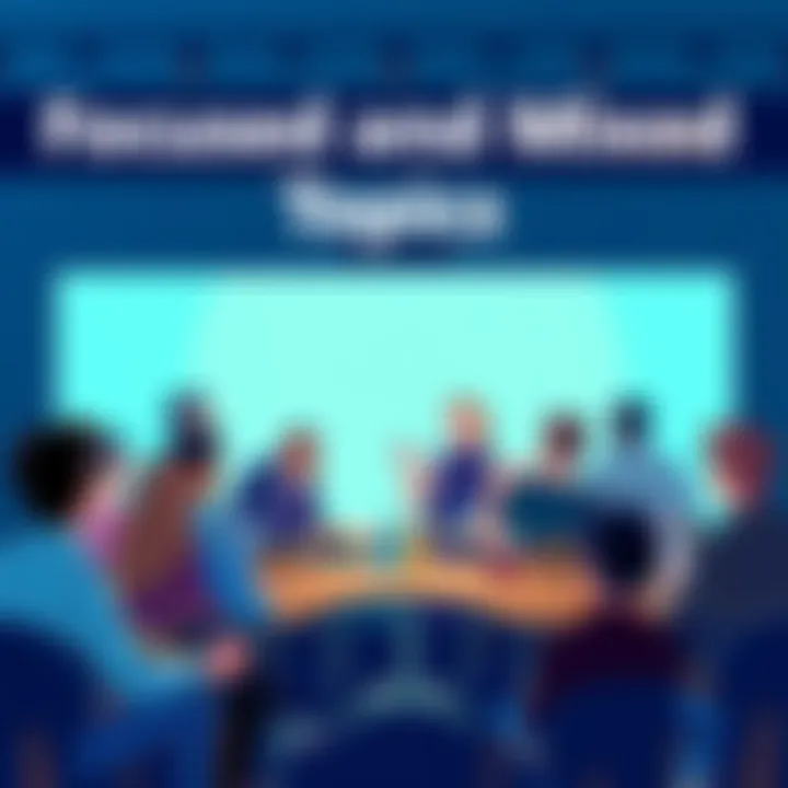 A split-screen illustration showing a focused discussion group on one side and a diverse discussion group on the other side, representing specific and mixed topics.