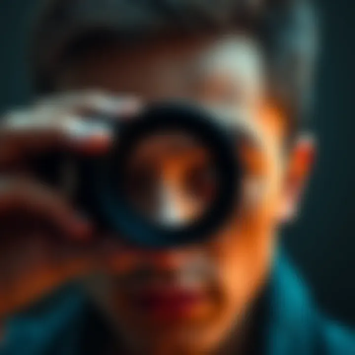 A person peers through a small lens, representing focused attention. Their expression shows concentration, highlighting the impact of narrow focus on self-perception.