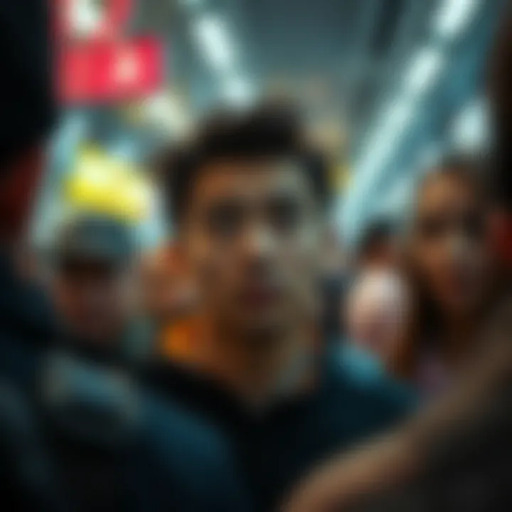 A person looking intently at another, drawing attention in a crowded area, with surprised expressions on nearby faces.